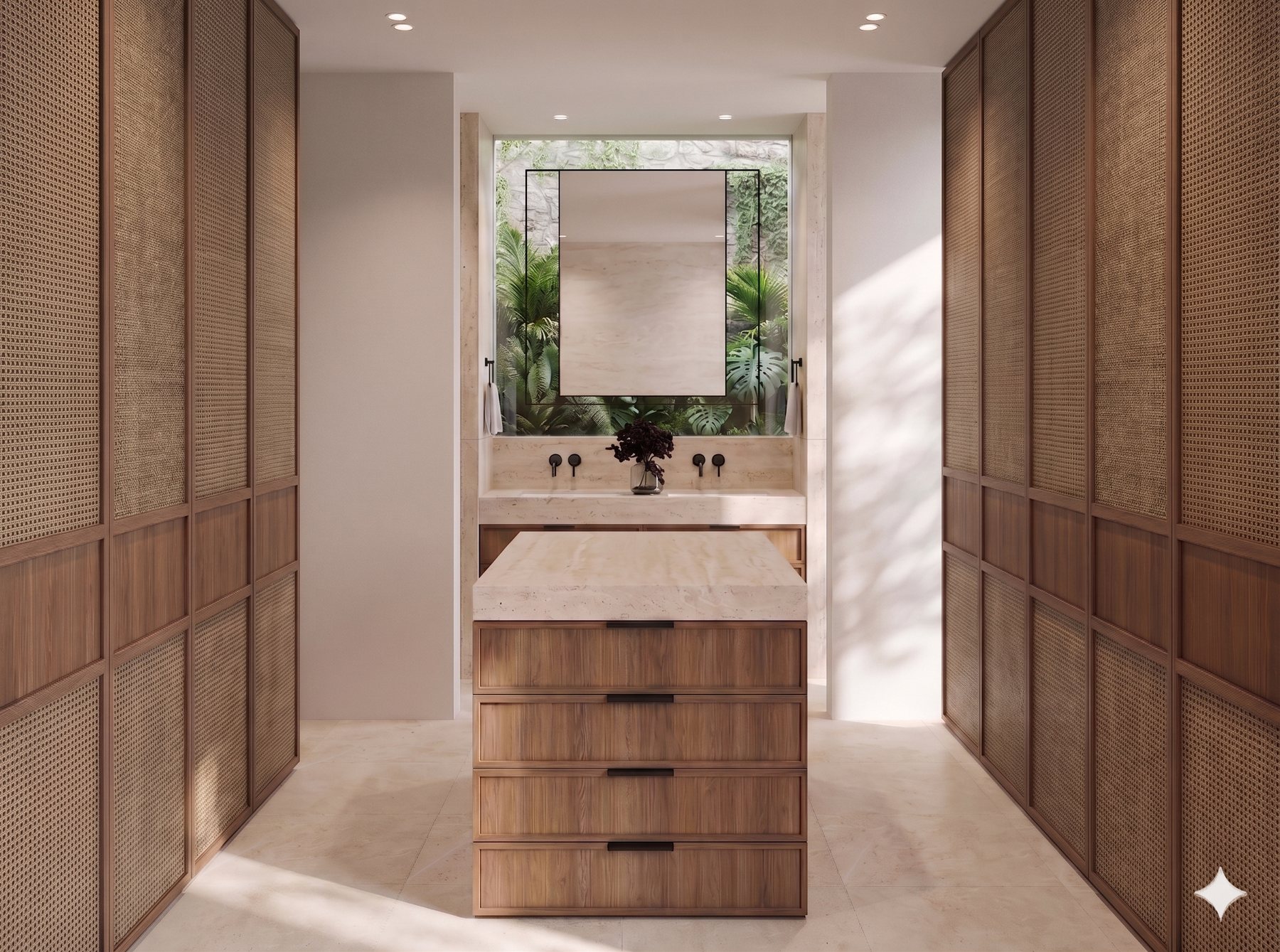 Render del vestidor y baño principal en maderas naturales
