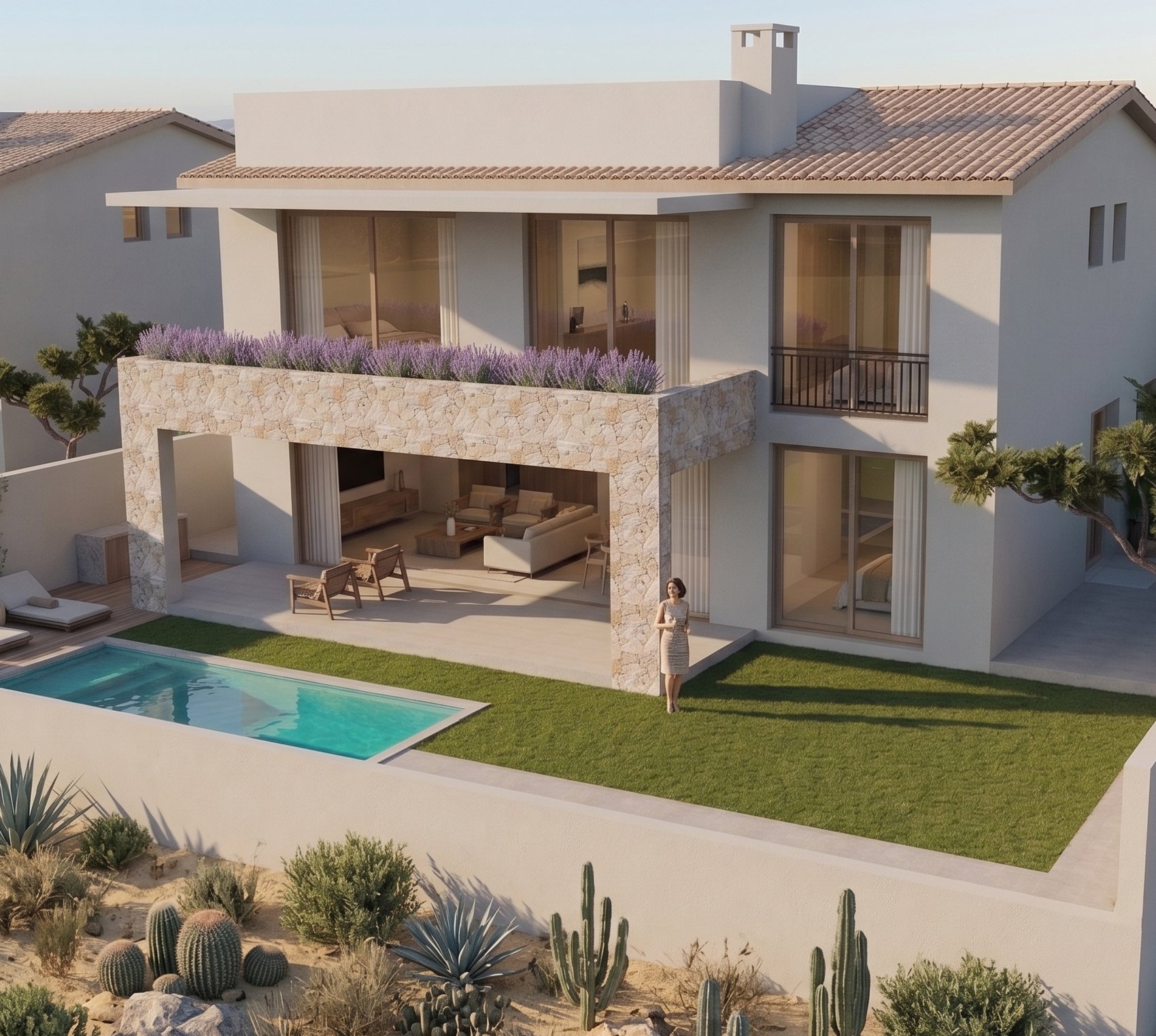 Render de la casa con terraza, jardín, alberca y montañas al fondo