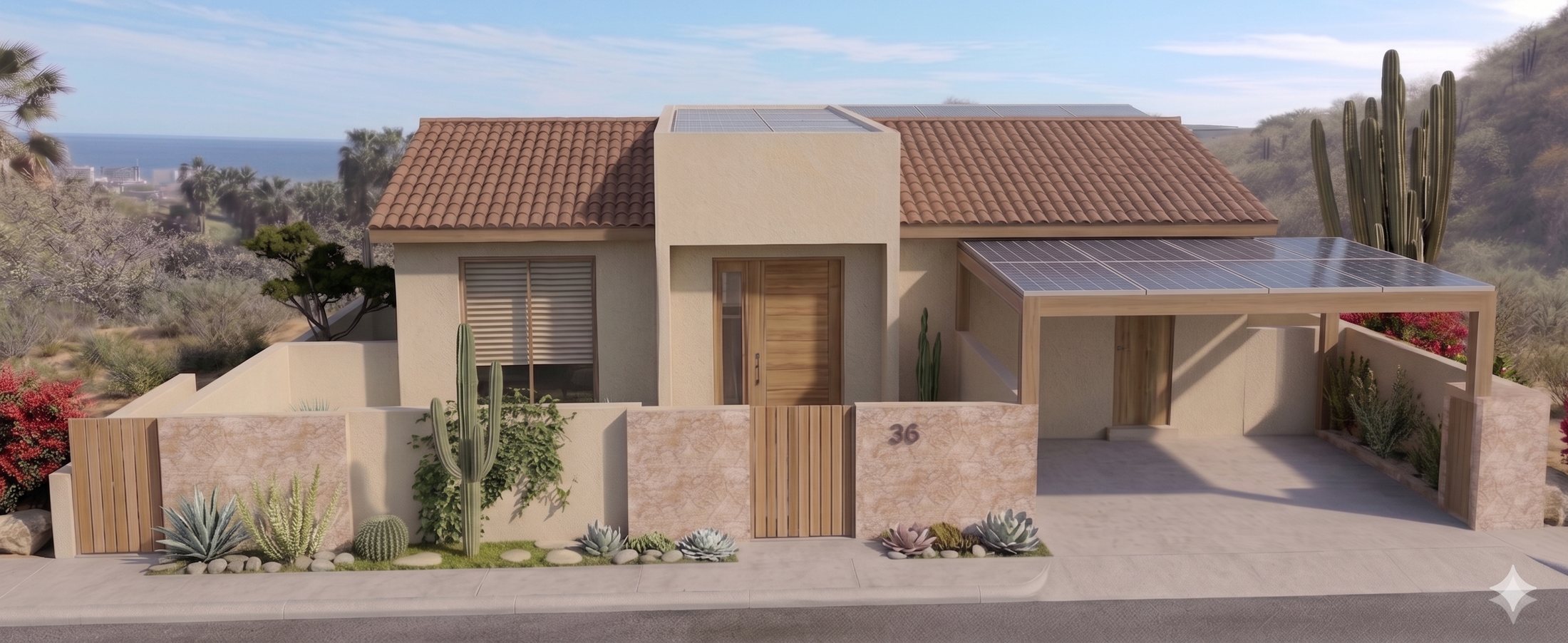 Render de la fachada frontal de la casa con el número 36