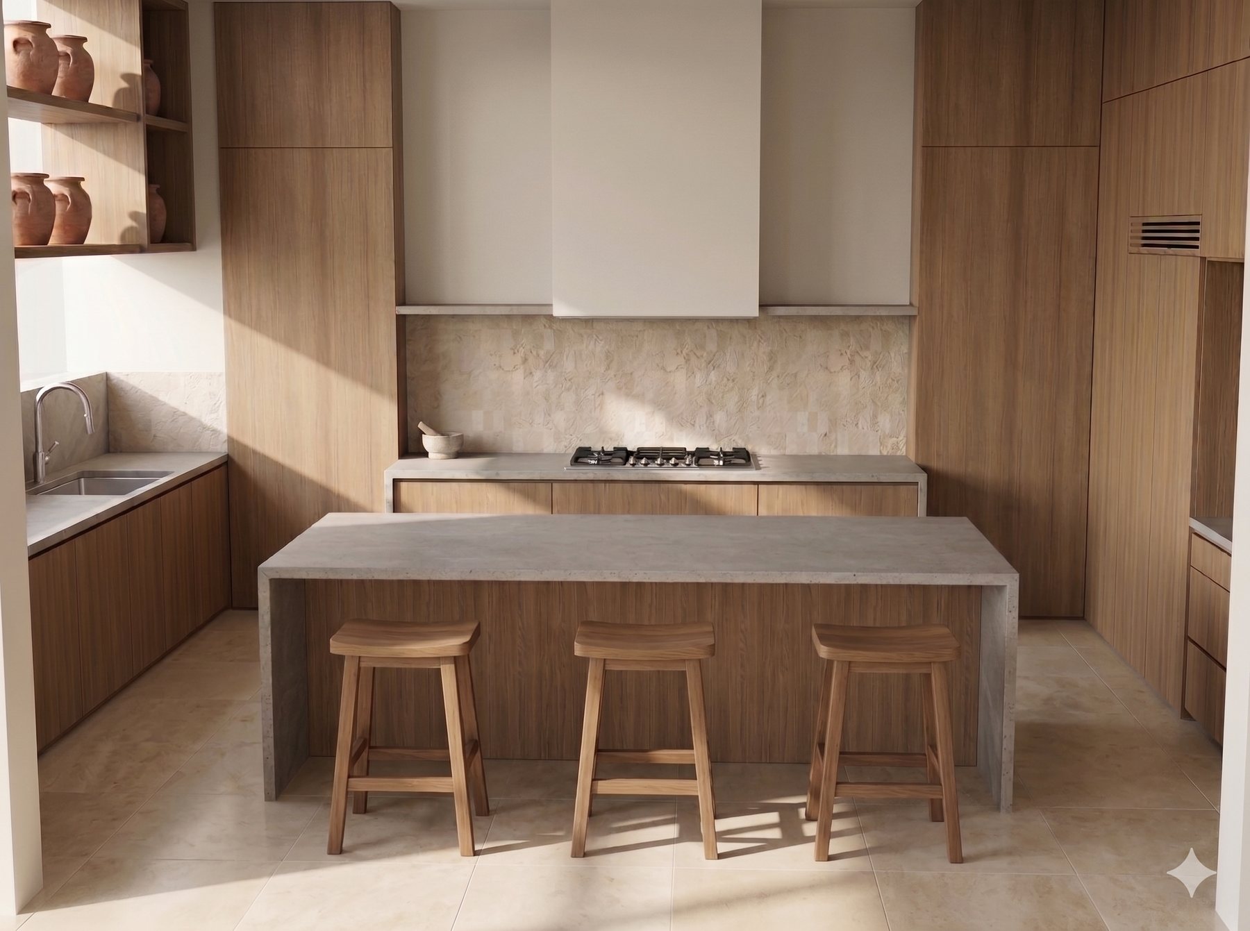 Render de la cocina en madera y piedra con isla central